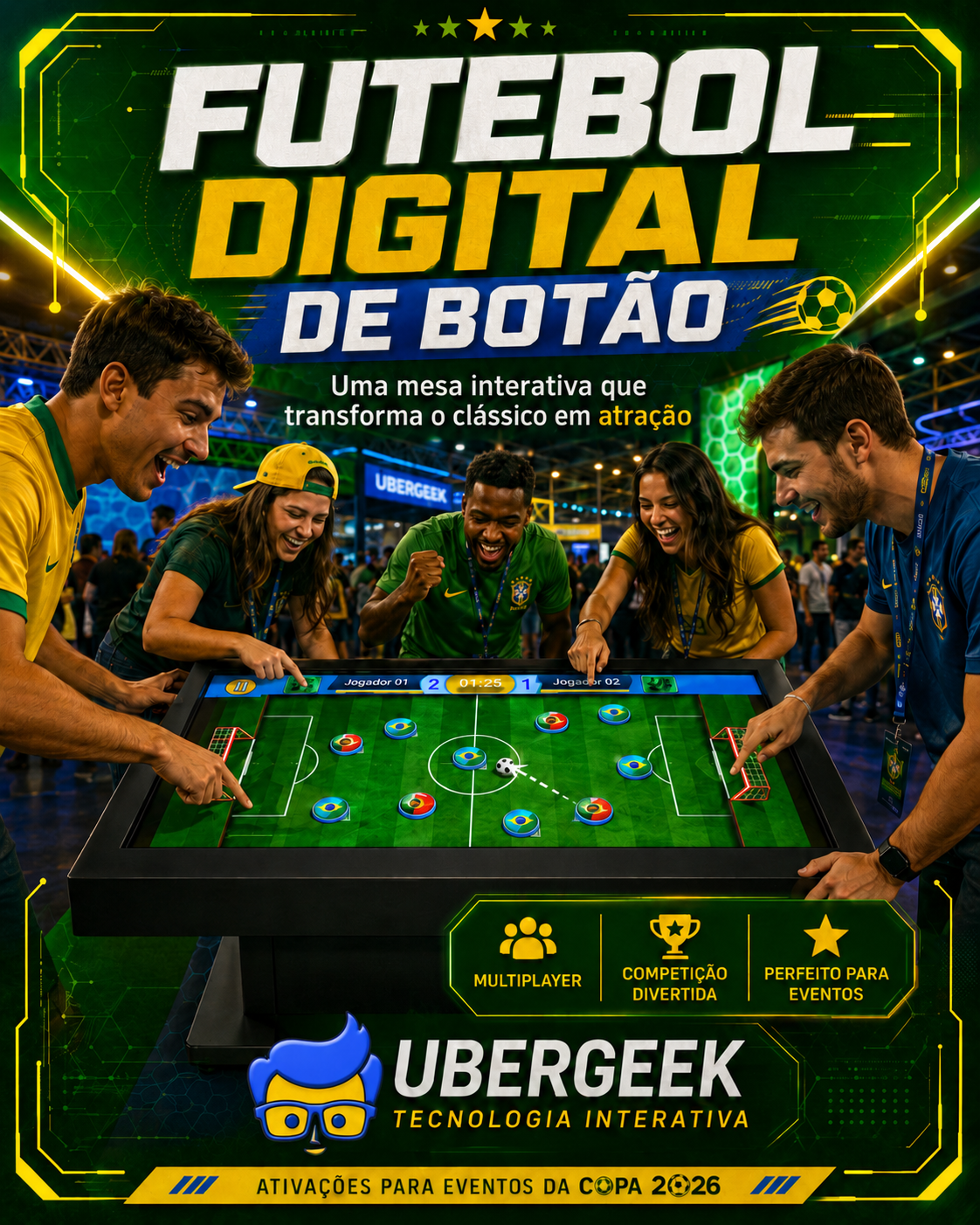 Futebol digital de botão em mesa interativa